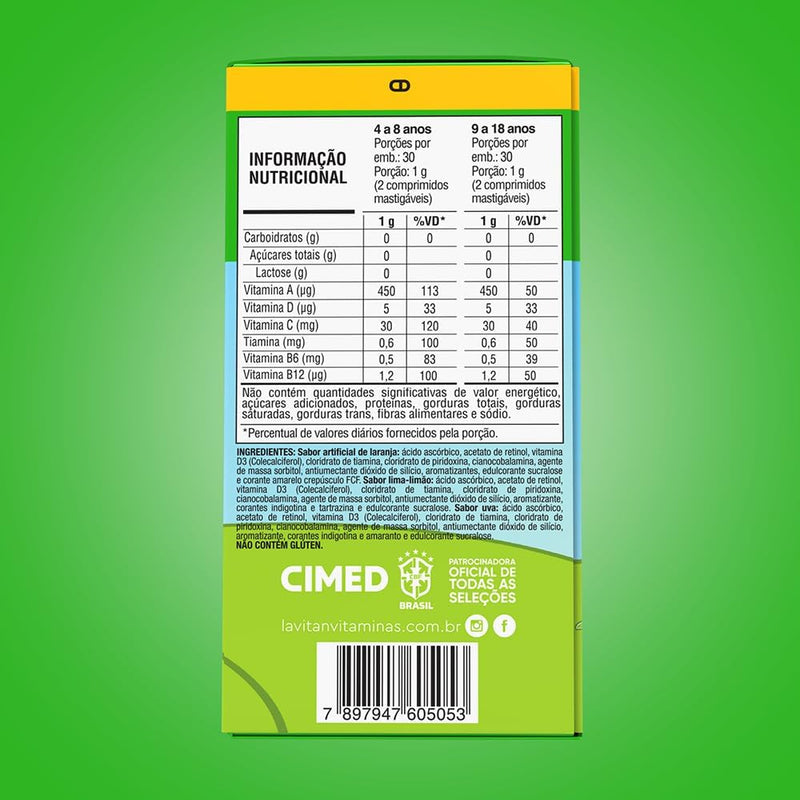 Vitamina Infantil Mastigável Tutti Frutti Uva+Limão Lavitan 60 Cápsulas