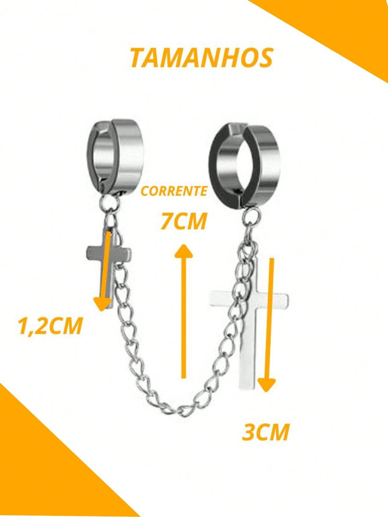 Brinco Argola com Corrente Pressão Clip Prata Aço Inox