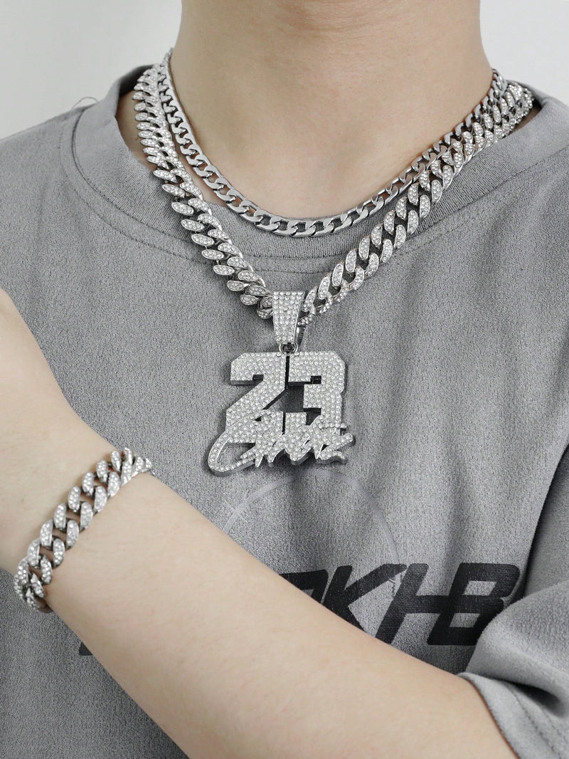 CONJUNTO 3 PEÇAS Hip Hop Cólar Prata + Pulseira Prata + Cólar 23 Prata
