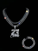 CONJUNTO 3 PEÇAS Hip Hop Cólar Prata + Pulseira Prata + Cólar 23 Prata