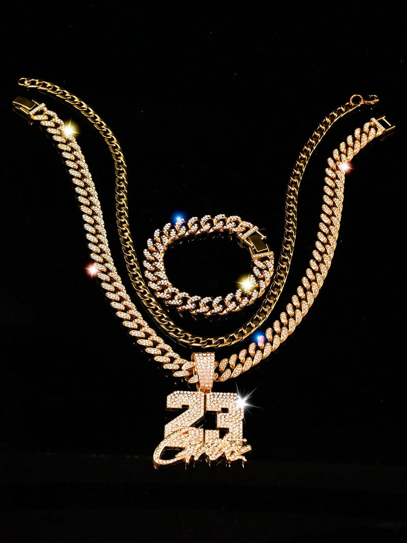 CONJUNTO 3 PEÇAS Hip Hop Cólar Gold + Pulseira Gold + Cólar 23 Gold