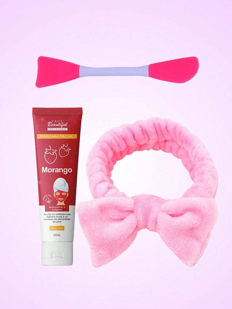 Kit Máscara Facial Morango Antioxidante e Colágeno Face Beautiful Faixa De Cabelo e Pincel De Silicone