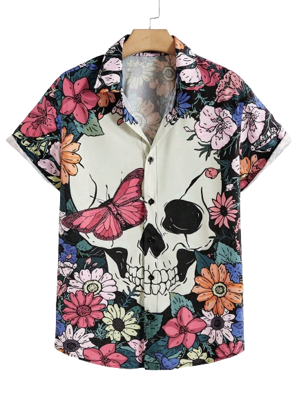 Camisa Botão Havaiana Flores e Caveiras