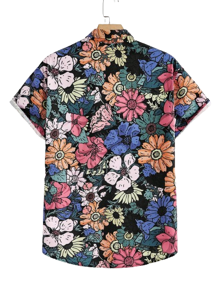 Camisa Botão Havaiana Flores e Caveiras