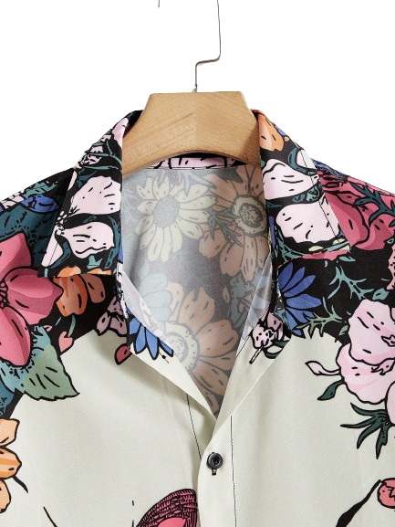 Camisa Botão Havaiana Flores e Caveiras