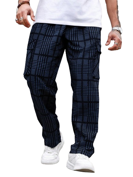 Calça Casual Xadrez Azul Plus Size