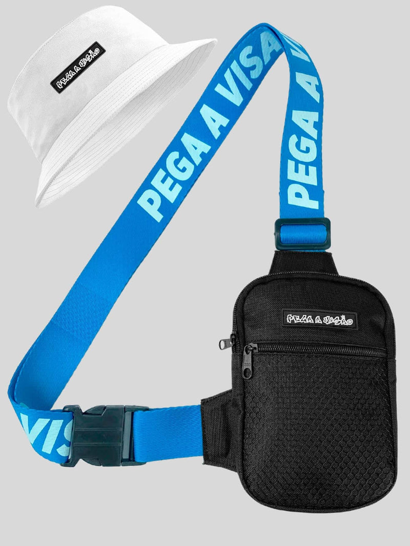 KIT Shoulder Bag Pega A Visão Preto Azul + Bucket Pega A Visão Branco